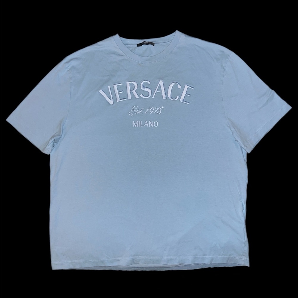 Versace Milano Embroidered Logo Sky Blue T-Shirt